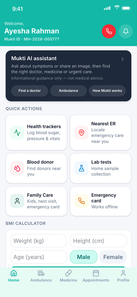 The Mukti Health app's Home screen: the Mukti AI assistant, then quick actions for health trackers, the nearest ER, blood donors, lab tests with home sample collection, family care and an emergency card.