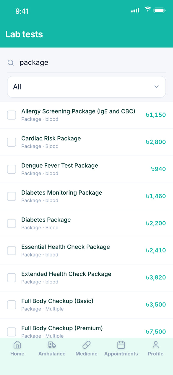 Lab tests in the Mukti Health app, searched for packages: health check packages, each with its price in taka.